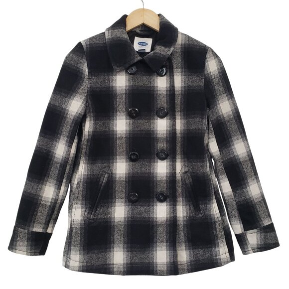 Old Navy XS Plaid Wool Blend Peacoat Black White Check Preppy Winter Warm Casual - Picture 1 of 7